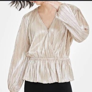 On 34th Metallic Plissé Gold Peplum Blouse 1X
